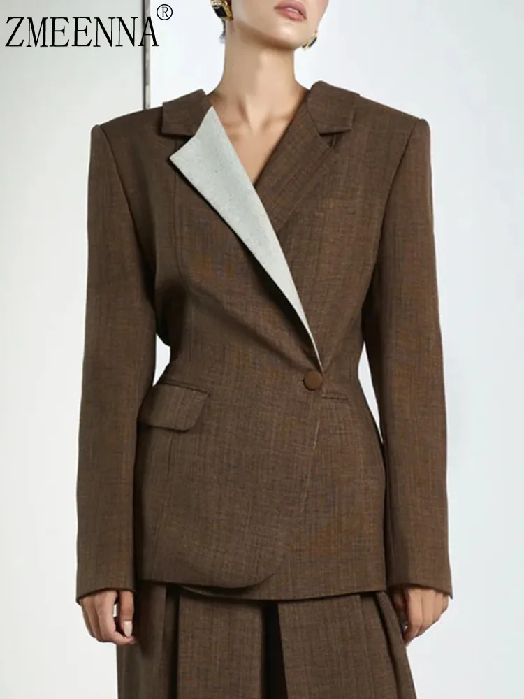 

ZMEENNA Brown Blazer For Women With Contrasting Light Gray Lapel Stylish Single Button Closure Casual Jacket ZM4128