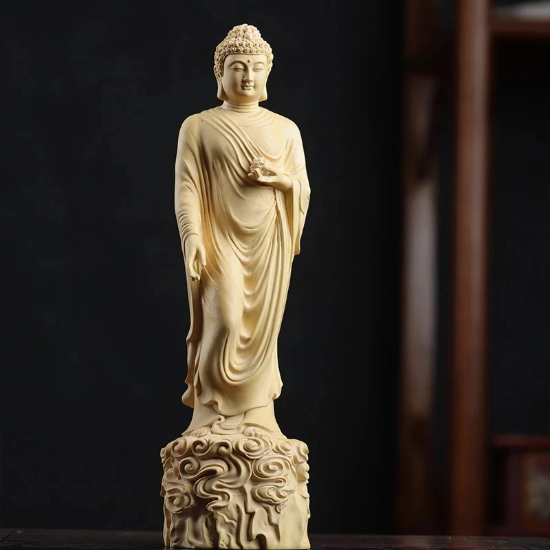 Boxwood 20Cm Amitabha Buddha Patung Ukiran Kayu Sakyamuni Patung Ibadah Dekorasi Rumah