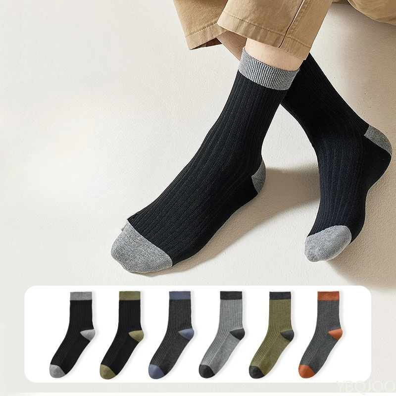 

6 pairs of men's solid color cotton socks mid length socks autumn winter thick antibacterial odor proof men's mid length socks