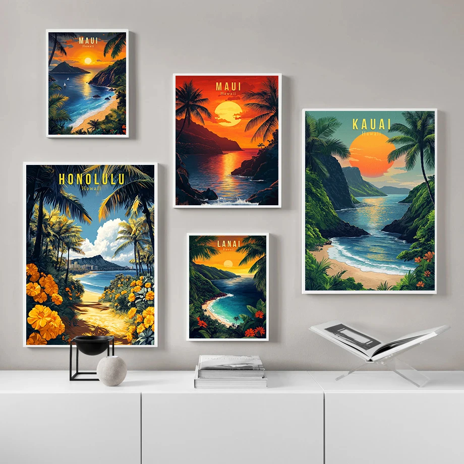 Hawaii Travel Posters Oahu Waikiki Sunset Vintage Tropical Prints Beach Ocean Canvas Painting Wall Art Pictures Home Room Decor