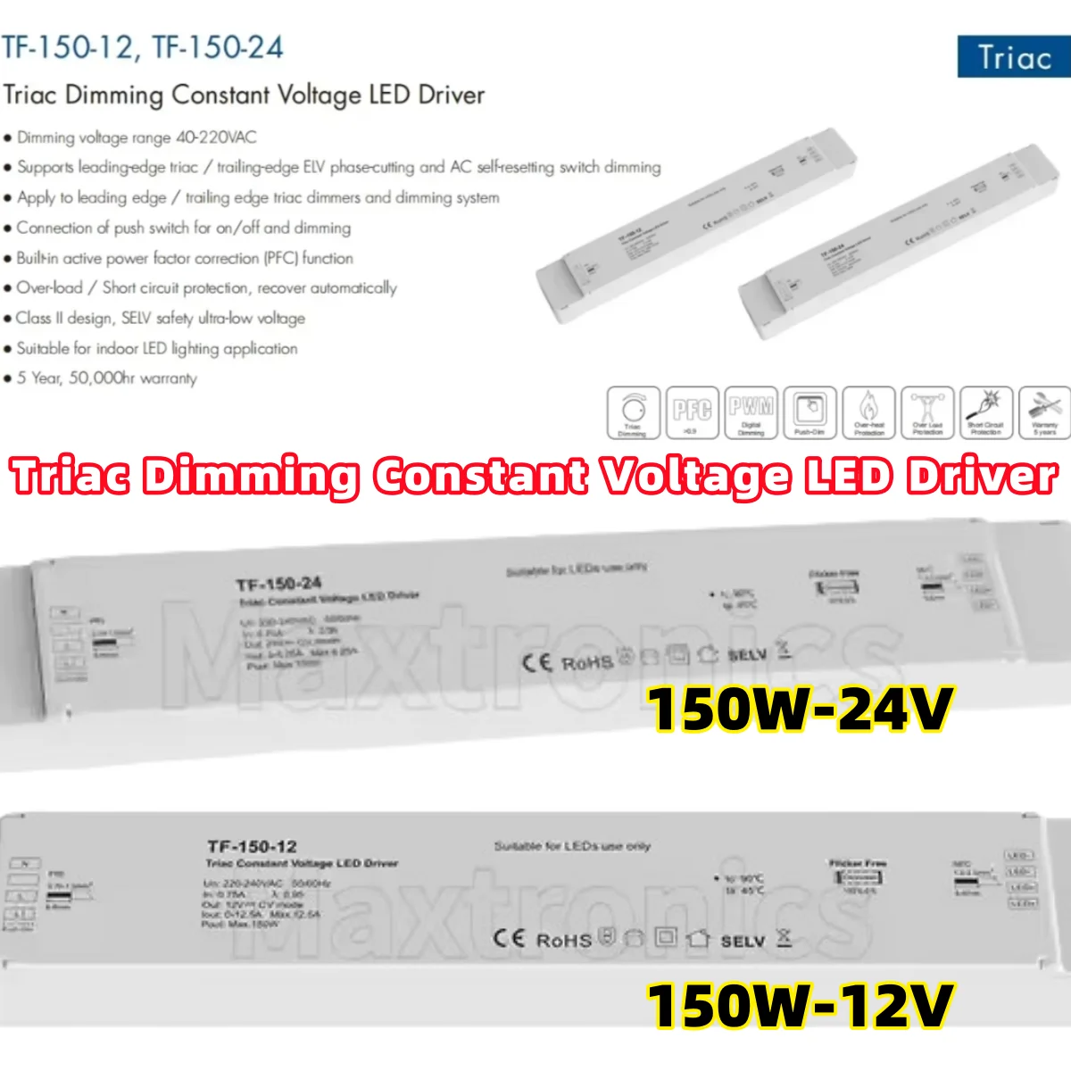 

Power Supply 150W TF-150-12/24 Constant Voltage Push Switch DC12/24V Phase-cutting Dimmer Dimming SlimTriac Dimmable LED Driver