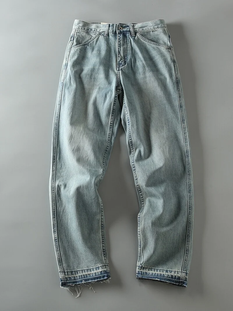 

Retro Waed Men's Loose Casual Jeans Spring New Sle Ameika Blue Frayed Hem Long Pants Youth ular Straight Cut Jeans