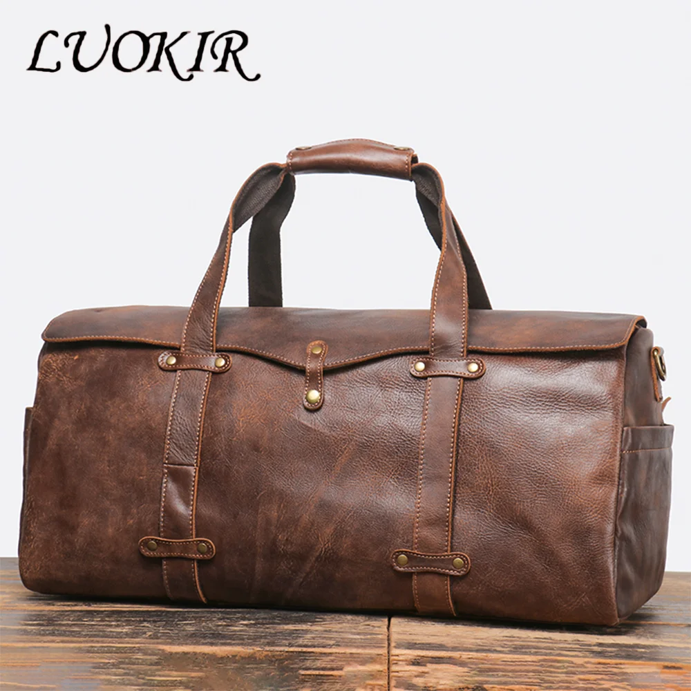 

LUOKIR Vintage New Men's Cowhide Tote Travel Bag Genuine Leather One Shoulder Crossbody Bag Large Capacity Duffle Bag