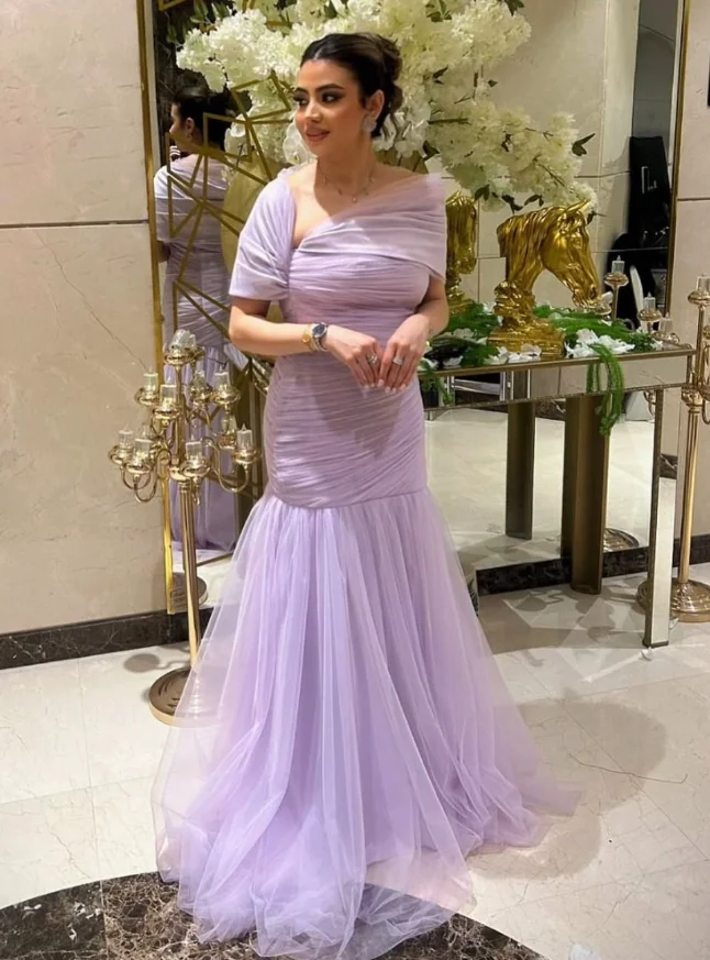 Customized High Quality Wrinkle Off Shoulder Floor Length Purple Zipper Strapless Tulle Purple Stain Evening Dresses  Vestidos