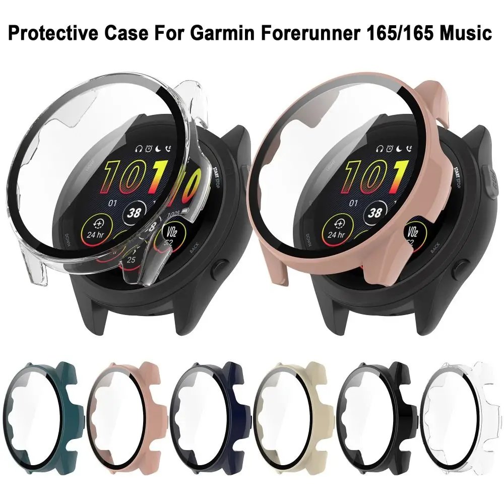 New PC+Tempered Protective Case Smart Watch Screen Protector Full Cover Hard Bumper Shell for Garmin Forerunner 165/165 Music