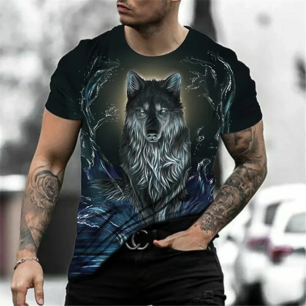 T-shirt à manches courtes imprimé loup 3D pour hommes, haut de sport de rue décontracté, t-shirt imprimé animal, vêtements d'été vintage