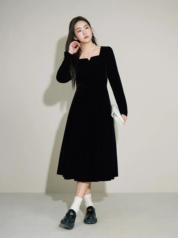 DUSHU French Style Elegant Square Neck Velvet Dress for Women New Autumn and Winter 2023 Bottoming A-Line Skirt for Female