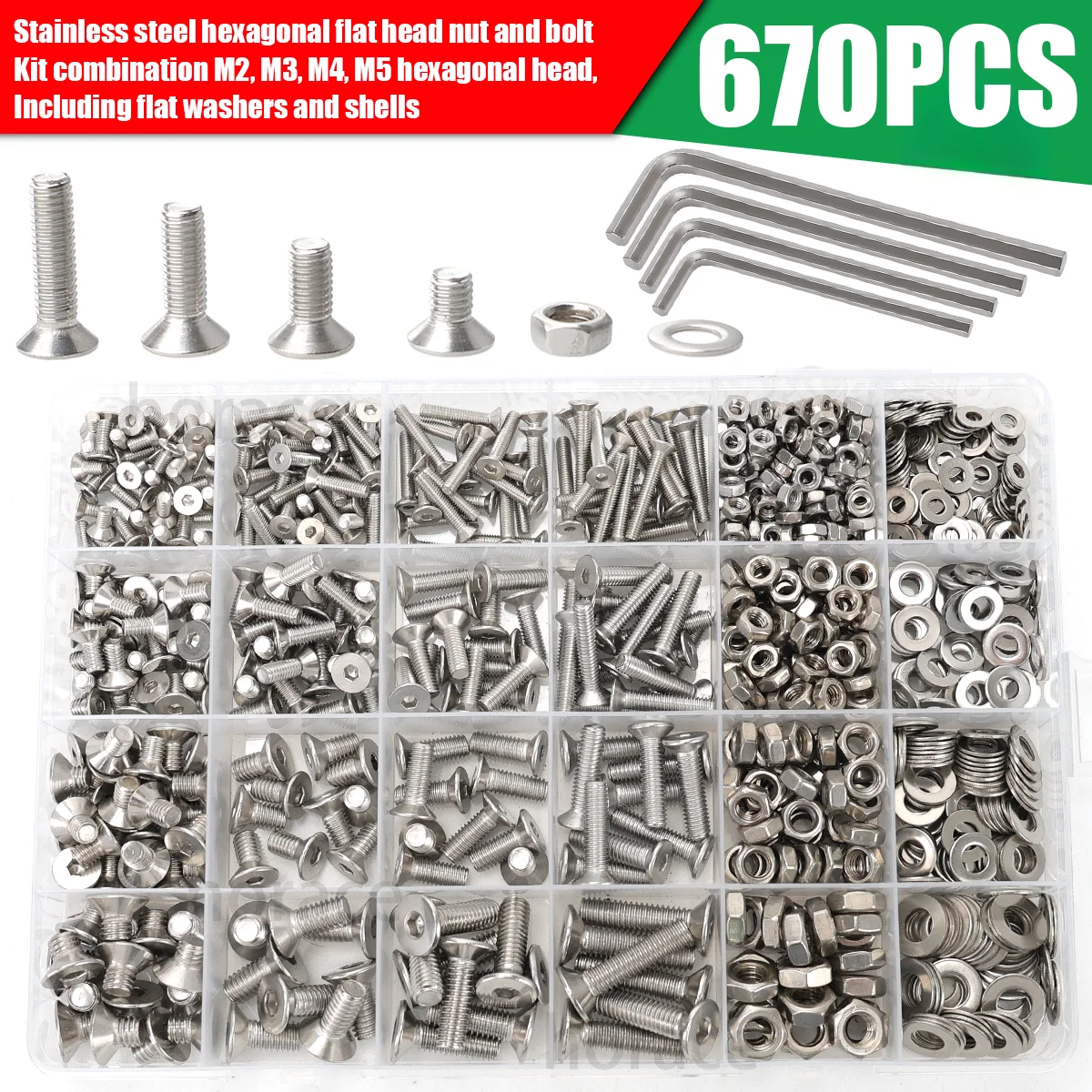 670pcs Stainless Steel Countersunk Hex Bolts/M3-M4-M5-M6/Flat Head Hex Bolt, Nut and Washer Combination Set/Internal Hex Screws