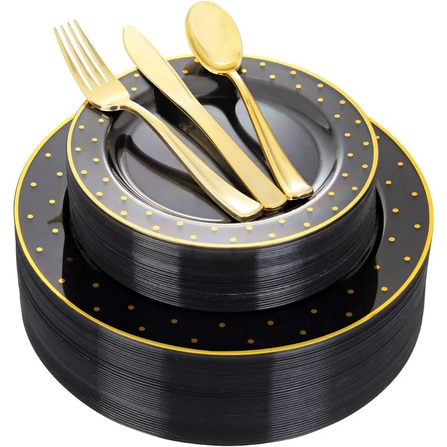 

200Pcs Black and Gold Disposable Plates Set for Halloween Party Decoration: Includes 40 Dinner Plates 40 Dessert Plates 40 Fork