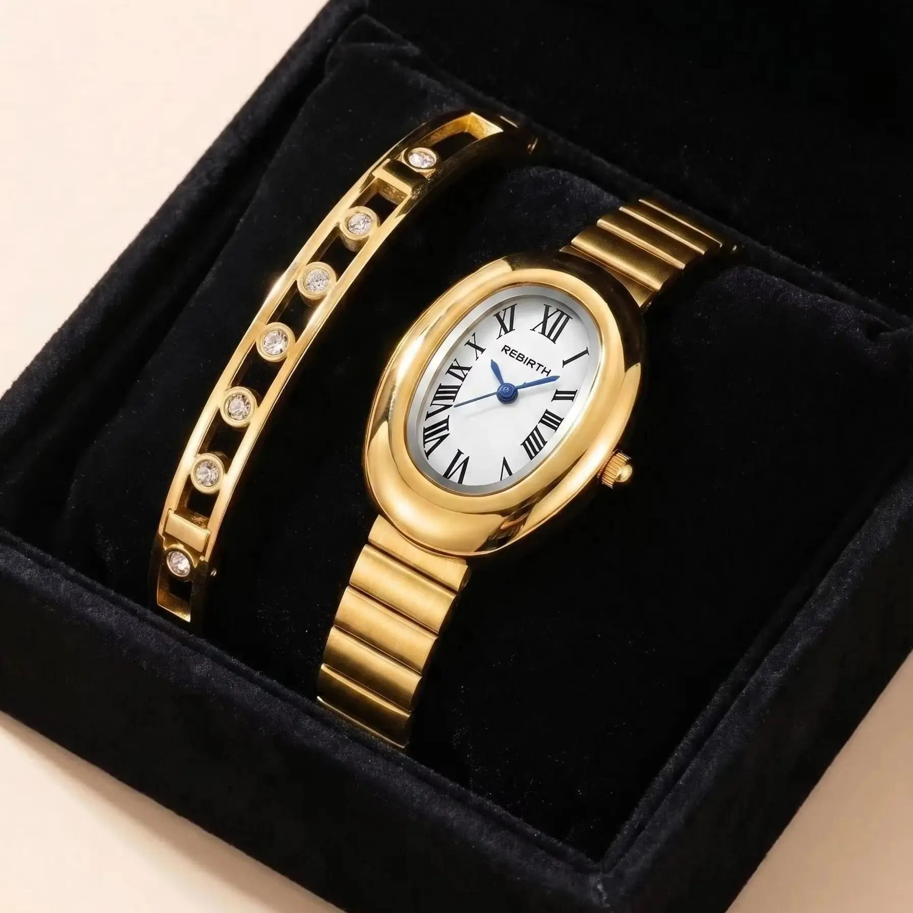 2-Piece Set of Women's Watch and Bracelet Set, Casual, Simple, Fashionable, Versatile Gold Set Watch