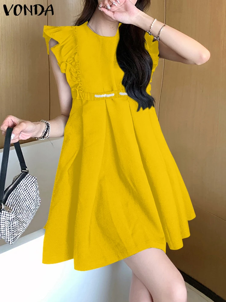 Women Elegant Mini Dress 2024 VONDA Casual Fashion Sleeveless Sundress Solid Sweety Robes Ruffled Round Neck Vestido Oversized