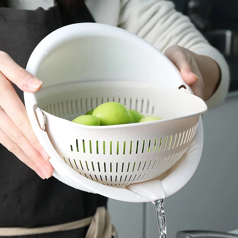 Kitchen Rotatable Double Drain Basket Fruits Vegetables Washing Storage Basket Strainers Bowl Cleaning Filter Colander Tool