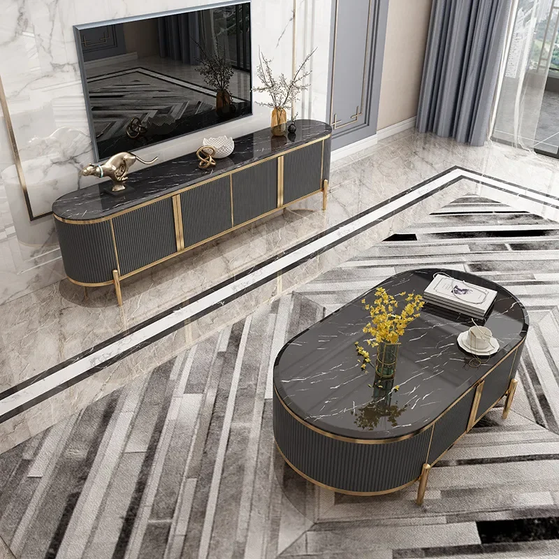 Hong Kong Style Light Luxury Marble Coffee Table and TV Cabinet Combo Post Modern Simple Design for Small Apartment Living