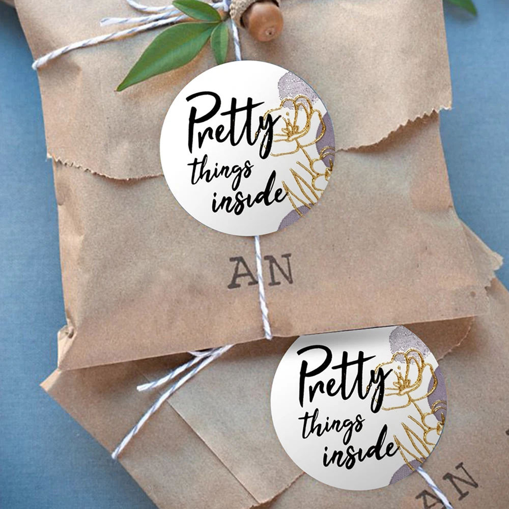 50-500pcs Round "Pretty Things Inside " Stickers Heart Thanks For Shopping Small Shop Local Handmade Decor Labels Sticker