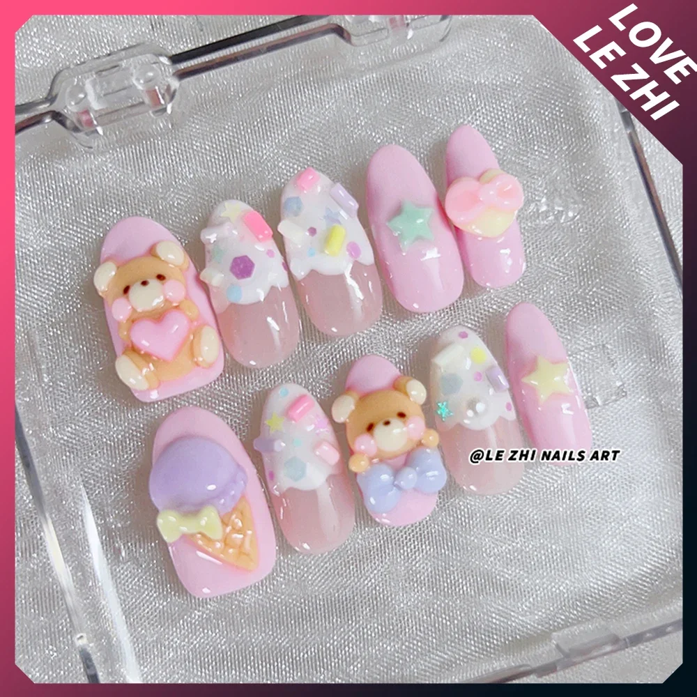 Kawaii الكرتون سانريو بلدي ميلودي كورومي Rilakkuma اليدوية اضغط على الأظافر Y2K أربع أوراق البرسيم اللؤلؤ Bowknot يمكن ارتداؤها أظافر صناعية #2