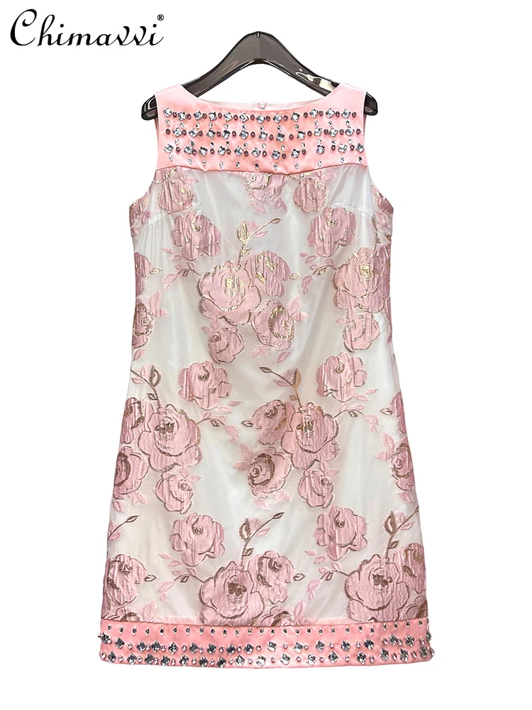 High-end Organza Handmade Diamond Bronzing Embroidered Flower Sweet Dress Summer New Round Neck Slim-fit Elegant Dresses