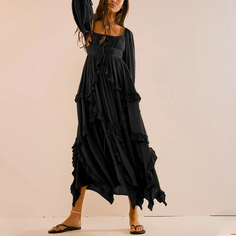

Women's Fashionable Dress With U-neck Ruffled Edges Lace Stitching Split Ends Spring Autumn High Waisted Long Sleeved Dress