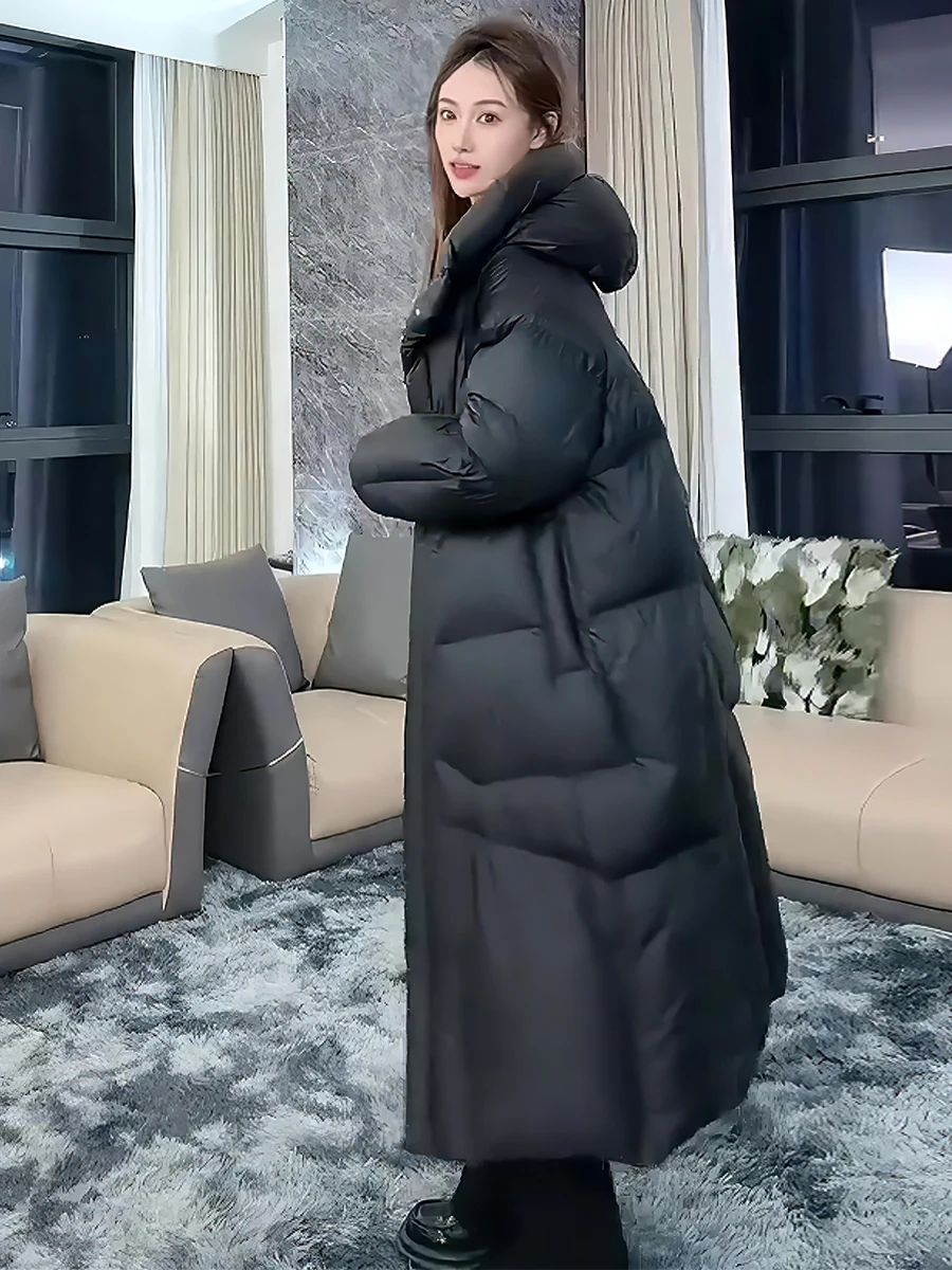 여성용 롱 화이트 다운 패딩 재킷, 푹신한 브레드 스타일 겨울 코트, 따뜻한 출퇴근용, 모자 포함