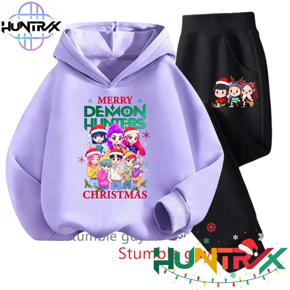 

Толстовка с капюшоном с героями мультфильмов Kpop «Охотники на демонов» для мальчиков, детский осенний фиолетовый теплый мягкий милый аниме-принт, удобная одежда из 2 предметов ​