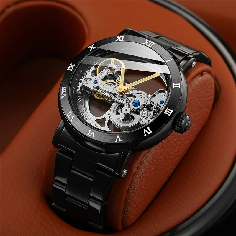 Forsining 208S Fashion Automatic Mechanical Watches Men Transparent Skeleton Leather Waterproof Steampunk Casual Business Watch