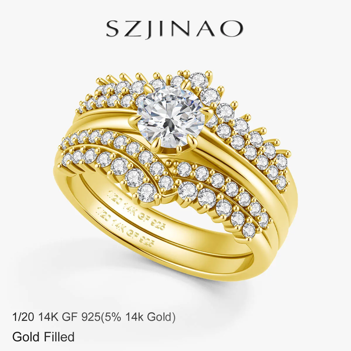 1/20 14k GF Moissanite Ring Set Real 14K Gold Filled 2pcs Stackable Luxury Engagement Ring Silver Base Durable Jewelry for Women