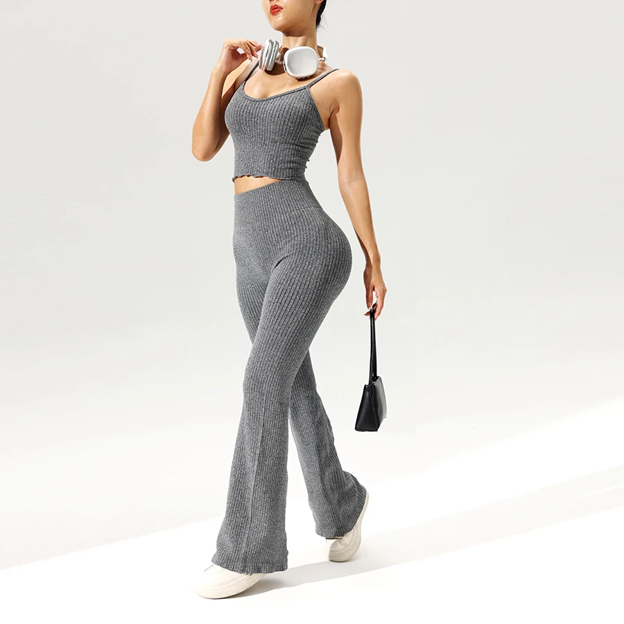 2pcs/set Seamless Flared Pants Ribbed Tank Top Outfit Women Gym Yoga Clothes Flared Trousers Vest Set Sexy for Clubs Date Nights