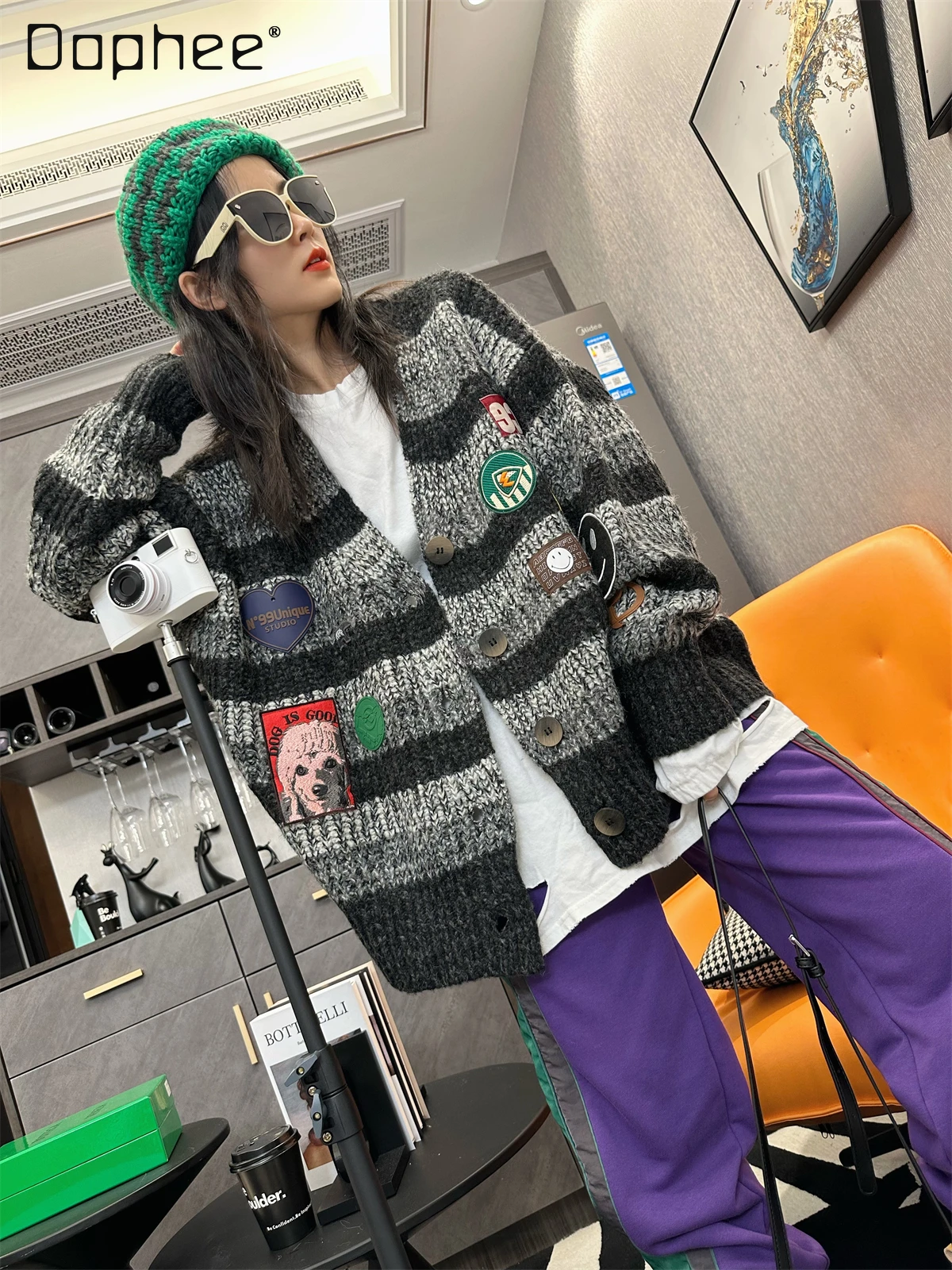 

2023 Autumn Winter Cartoon Embroidered Striped Loose Cardigan Sweater Women's Korean-Style Thick Mid-Length Knitwear Coat