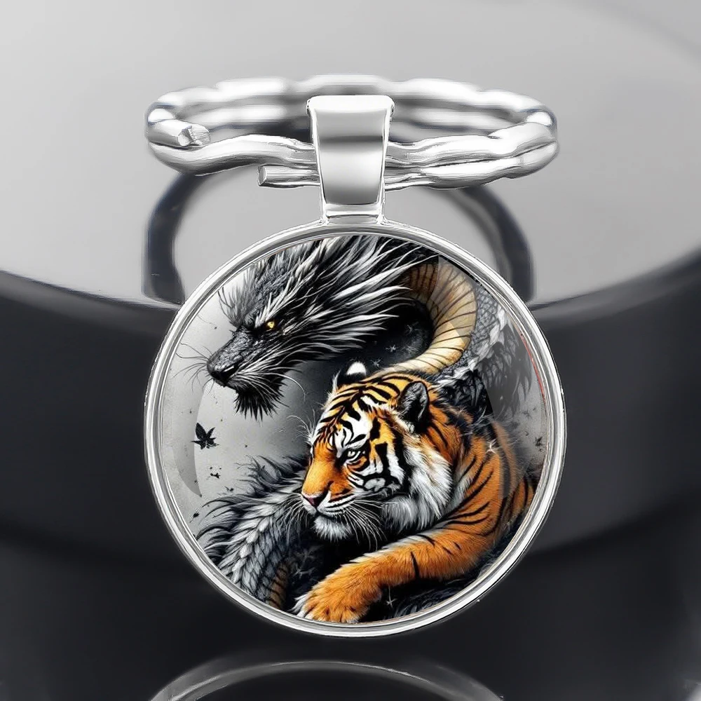 Cool Tiger and Dragon Glass Dome Keychain: Versatile Accessories for Women Men Teens – Fits Backpacks & Car Keys