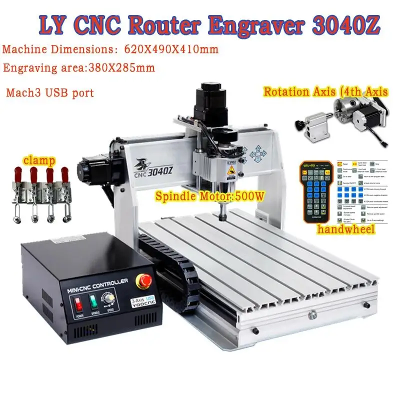 LY CNC 3040Z-DQ 3 Axis 4axis CNC Router Engraver Engraving Milling Cutting Drilling Machine Ballscrew Mach3