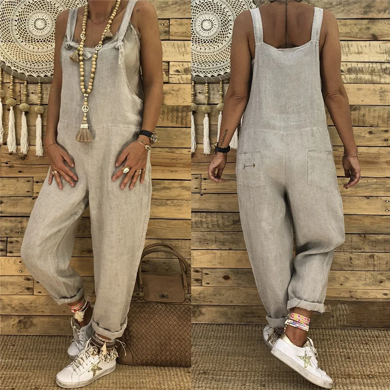 

Woman Cotton Linen Suspender Pants Solid Color Loose Bib Straight Leg Jumpsuits Vintage Baggy Overalls Trousers Pockets Playsuit