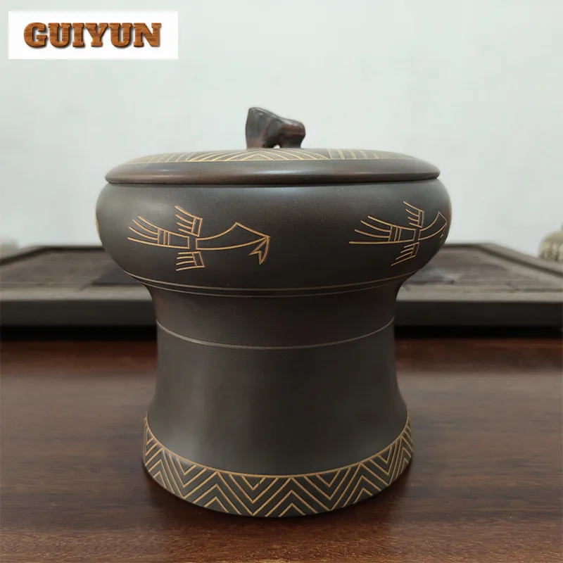 500g Boutique Qinzhou Nixing Pottery Tea Box Organizer Handmade Liupu Tea Loose Tea Awakening Can Bronze Drum Tea Canister Jars