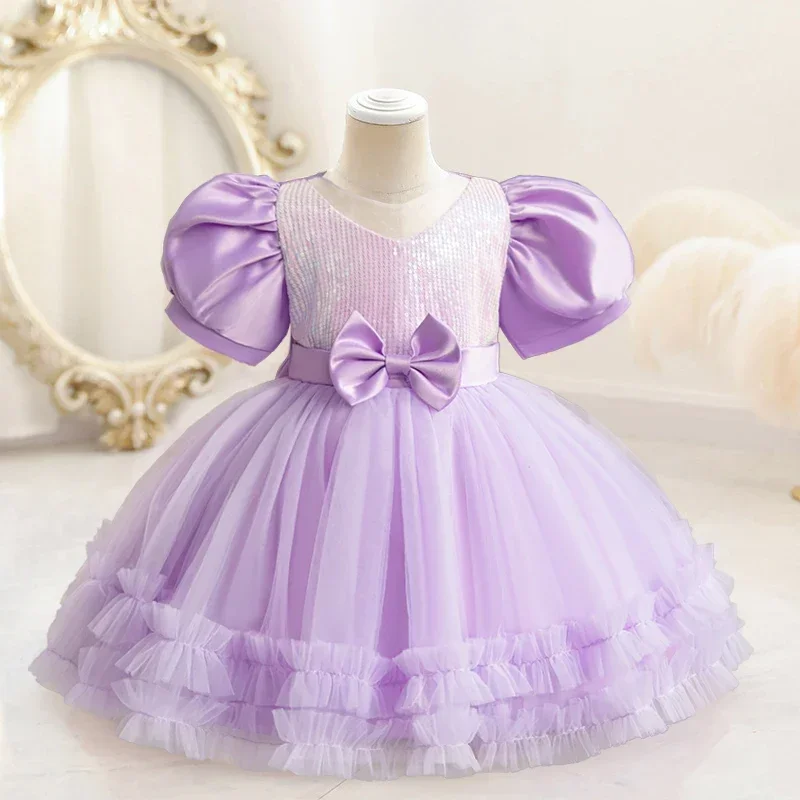 Bowknot Birthday Party Dress for Girl Puff Sleeve Elegant Kids Appliques Princess Dress Sequins Wedding Holiday Baby Girls Dress