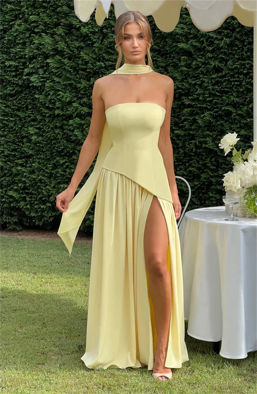 Fashion Colorfu Strapless Evening Dresses Side Slit With Long Scalf 2026 Custom Made  Formal Party Grown image 2