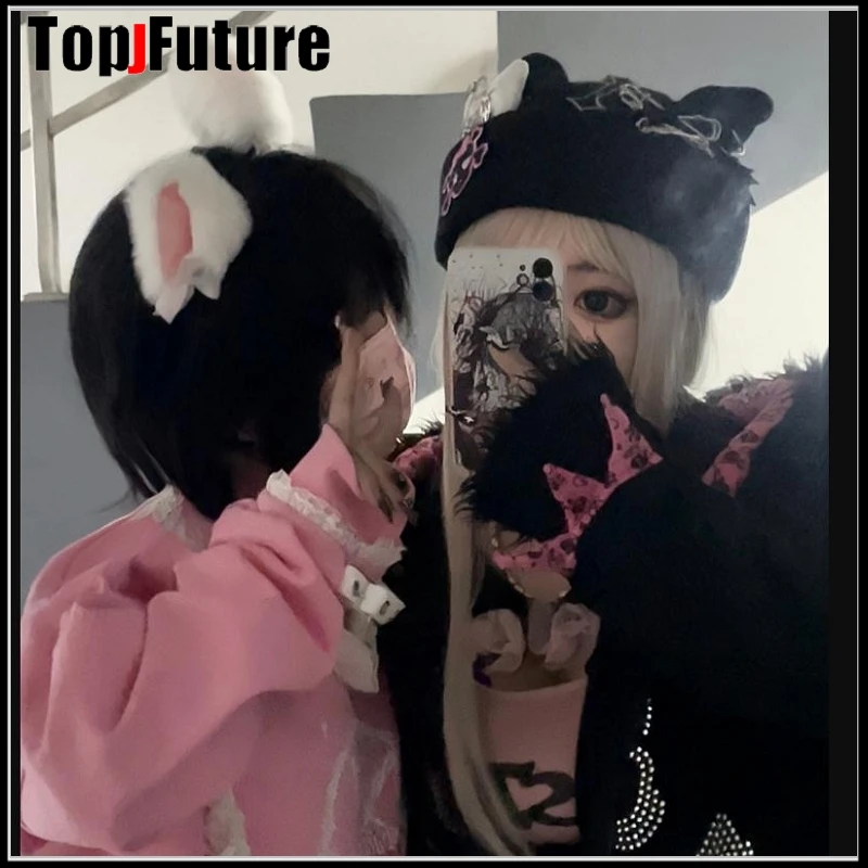 Harajuku Gothic Lolita Cat Ear Hat Women Punk  Cross Chain Subculture Spice Girl Beanie Hat Female Y2K Girls Accessories Cap