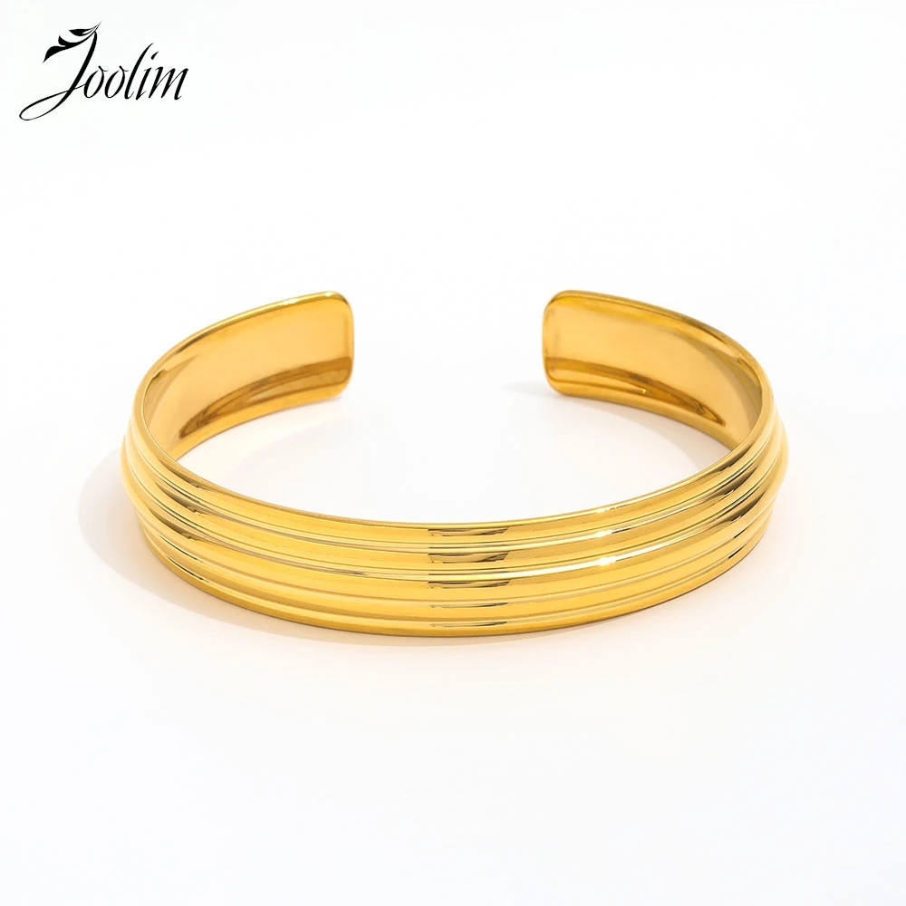 

Joolim Jewelry Wholesale High End PVD No Fade Fashion Wide Multi-line Opening C-shaped Cuff Stainless Steel Bracelet for Women