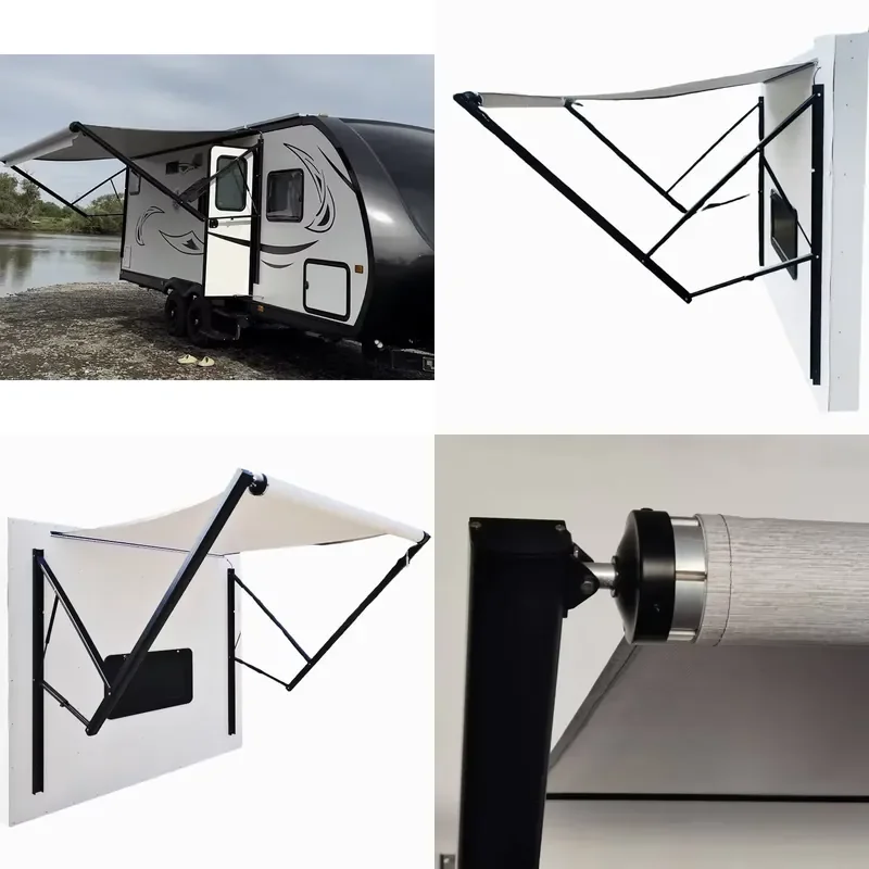 12V Electric Remote Control Aluminum Frame RV Awning Travel Sunshade with LED Light Strip for Recreational Vehicle Caravan