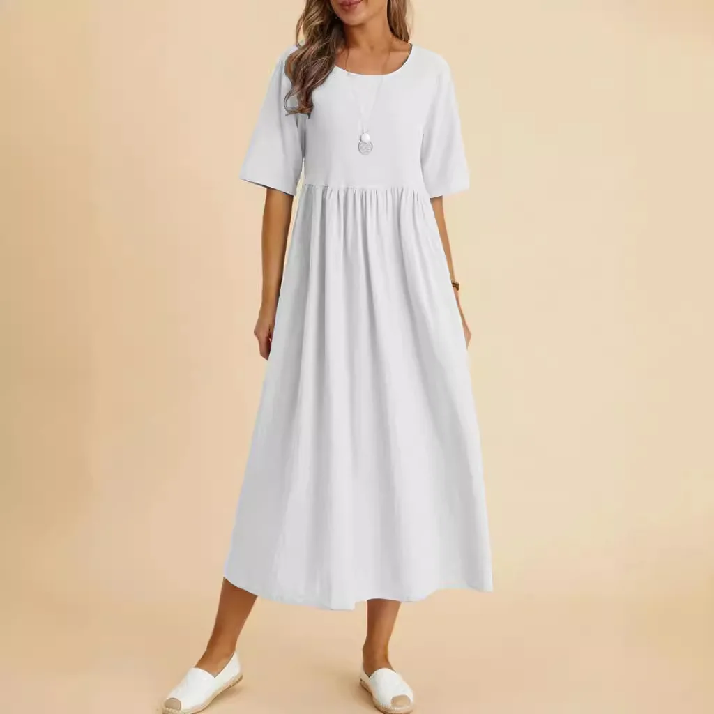 Women's Loose Cotton Linen Midi Dress round Neck Short Sleeve High Waist A-Line Skirt Commute Style Clothing