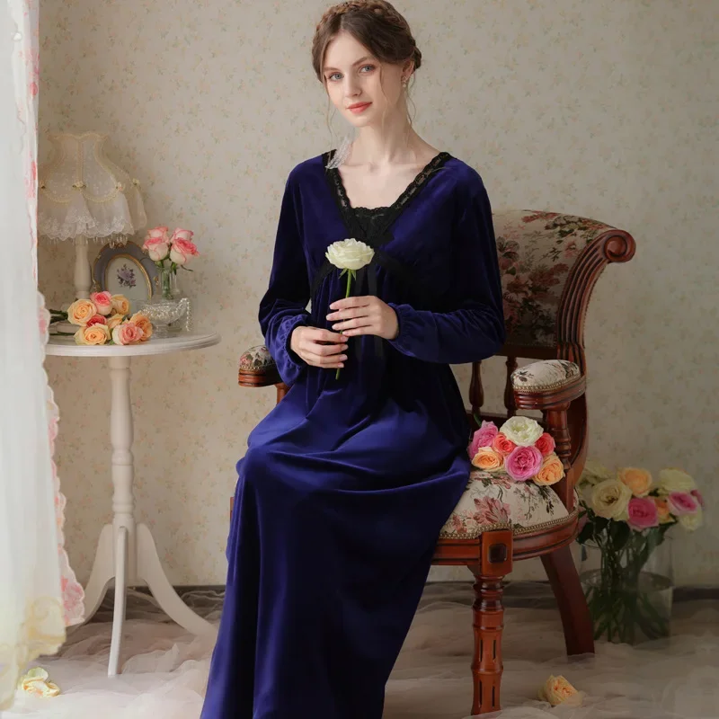 Women Warm Pleuche Velvet Victorian Long Night Dress Nightwear Princess Sleepwear Autumn Winter Velour Robe Vintage Nightgowns