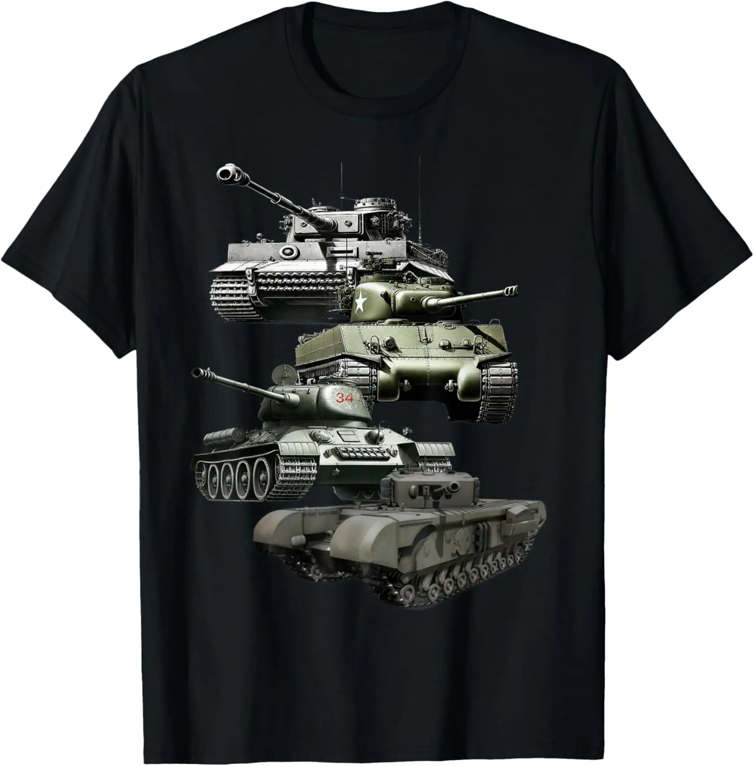 

Famous WW2 Tanks Tiger 1 T-34 M4 Sherman Men T-Shirt Short Sleeve Casual 100% Cotton Shirt