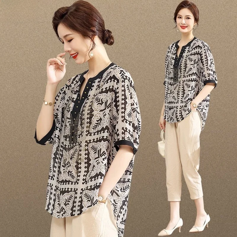 

Summer Fashion Cotton Linen Shirt Women's Cover Belly Set Large Size New Style Sleeveless Top Bottoms Ensemble for Mom