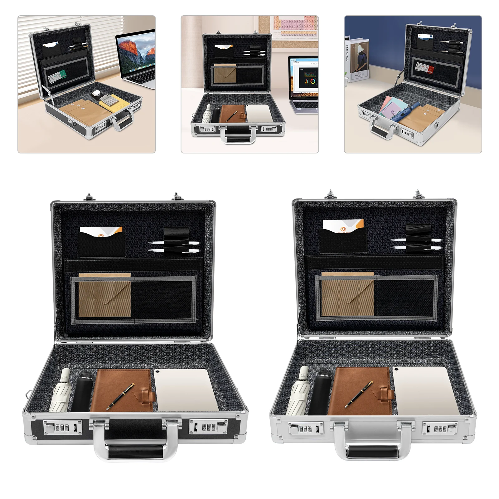 

Прямоугольный портфель с замком из алюминиевого сплава, черный/серебристый жесткий защитный портфель 38*11*33 см для деловых мужчин и женщин