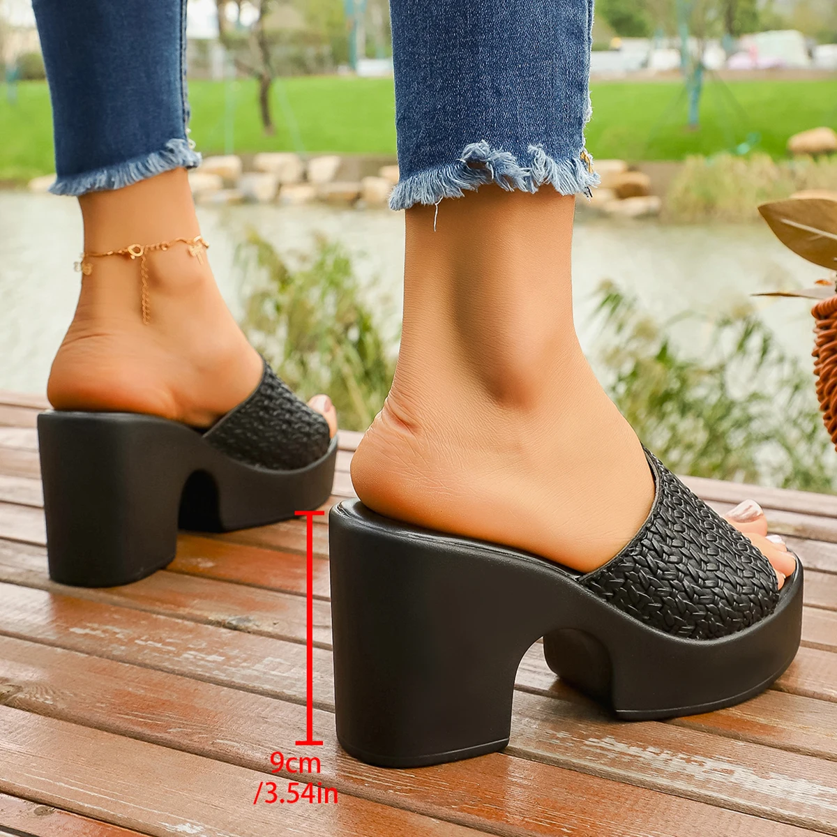 Women's Woven Gold High Heels Mule Slippers 2026 Summer Thick Heeled Platform Sandals Woman Plus Size 43 Outdoor Slippers Slides image 6