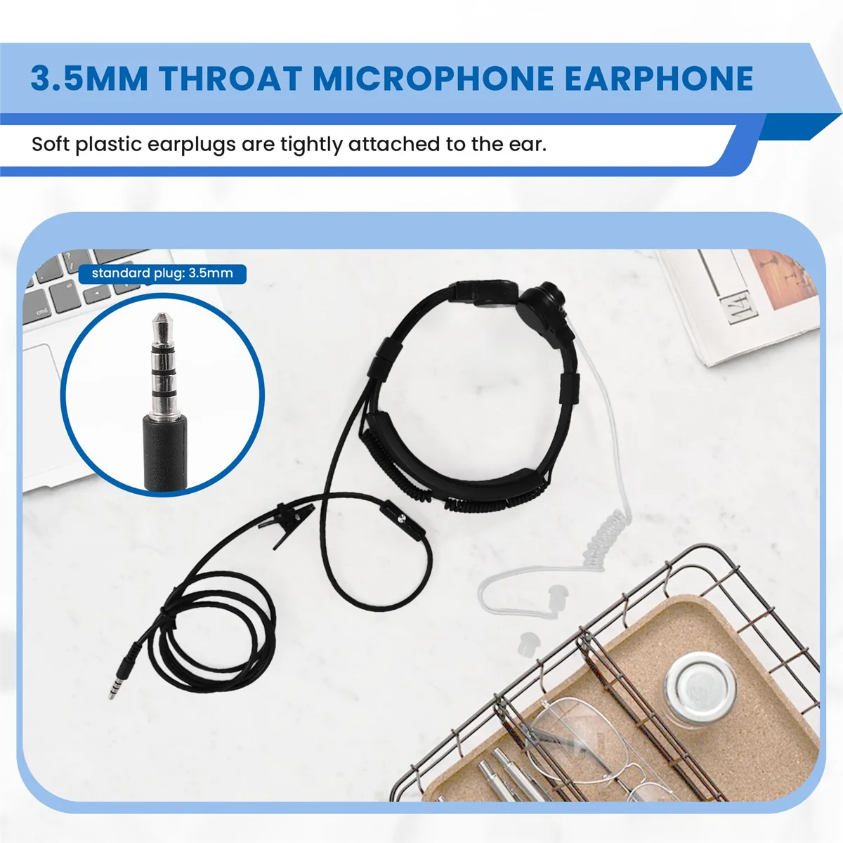 Auriculares con micrófono de garganta táctica con enchufe de 3,5mm, auriculares con tubo de aire oculto ajustables y micrófono de garganta para teléfonos inteligentes