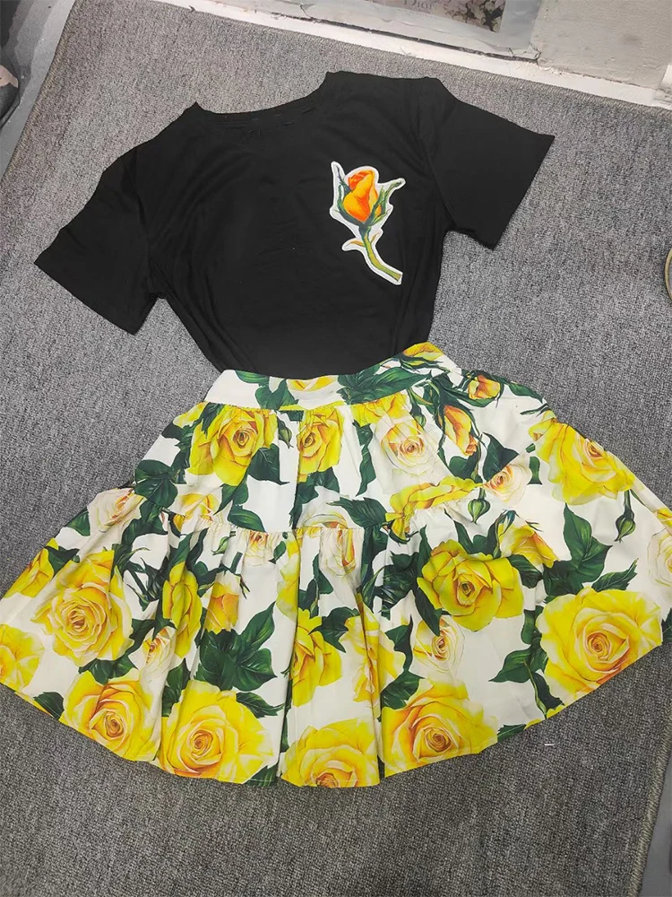 Retro and elegant spring and summer new yellow rose printed short-sleeved blouse+high waist and big skirt fashion two-piece suit