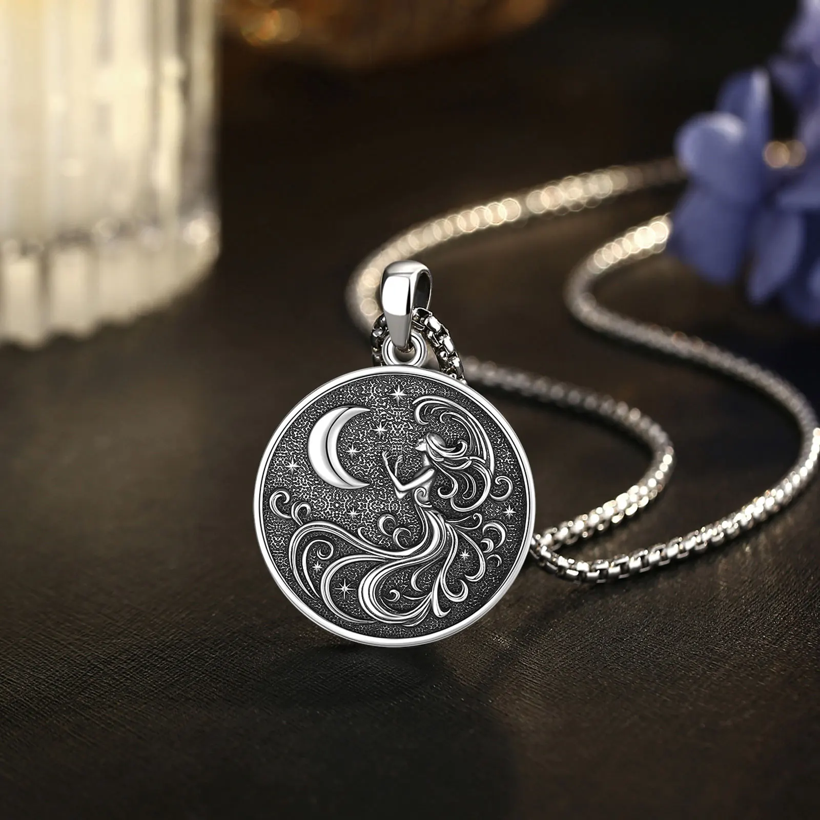 AEONSLOVE 925 Sterling Silver NYX Moon Goddess Necklace Celestial Moon Phase Pendant Wicca Jewelry Spiritual Amulet for Women - view 3