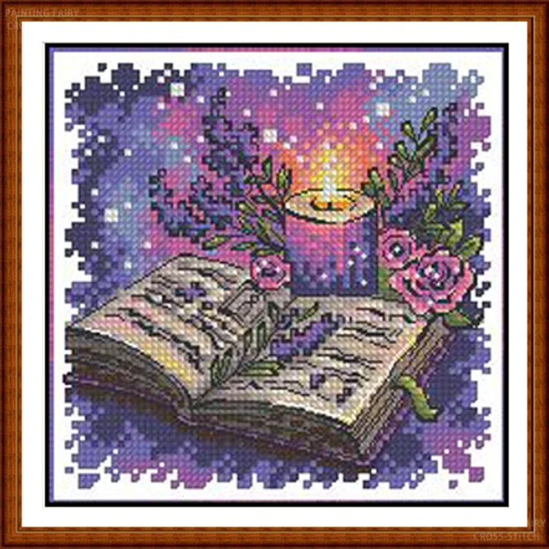 [CC2889- Lavender and Books]Stamped Cross Stitch Kit for Adults and Kids, Easy Pre-Printed Canvas with Cotton Threads and Needle