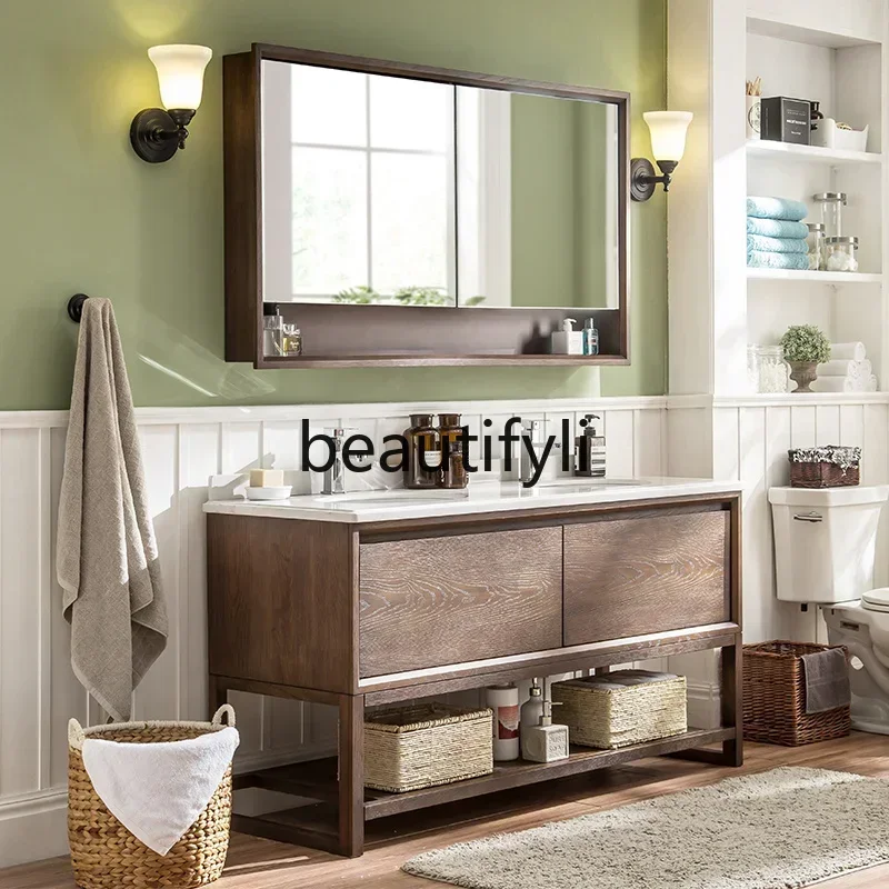 yj57 American solid wood bathroom cabinet combination floor-to-ceiling rock slab ceramic integrated basin toilet washbasin