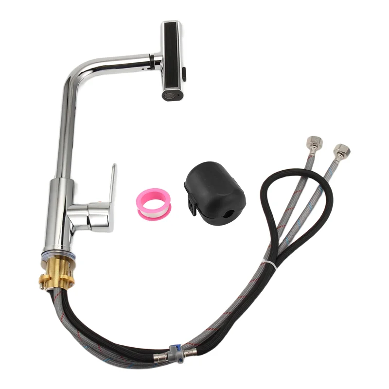 Keran Air Panas dan Dingin Fleksibel RMWIN, Model Tempel Meja, Mixer Wastafel Dapur Tarik Keluar dengan Mode Pancuran