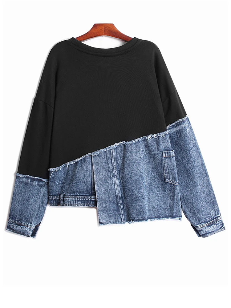 [EAM] Black Denim Irregular Casual Sweatshirt New Round Neck Long Sleeve Women Big Size Fashion Tide Spring Autumn 2023 1DH5370