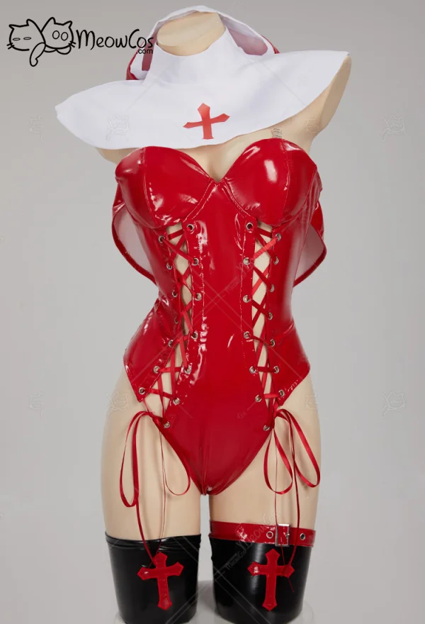 

Meowcos Women Gothic Devil Ghost Nun Sexy Uniform Cosplay Costume Red PU Leather Front Lace-up Bodysuit with Headwear and Gloves